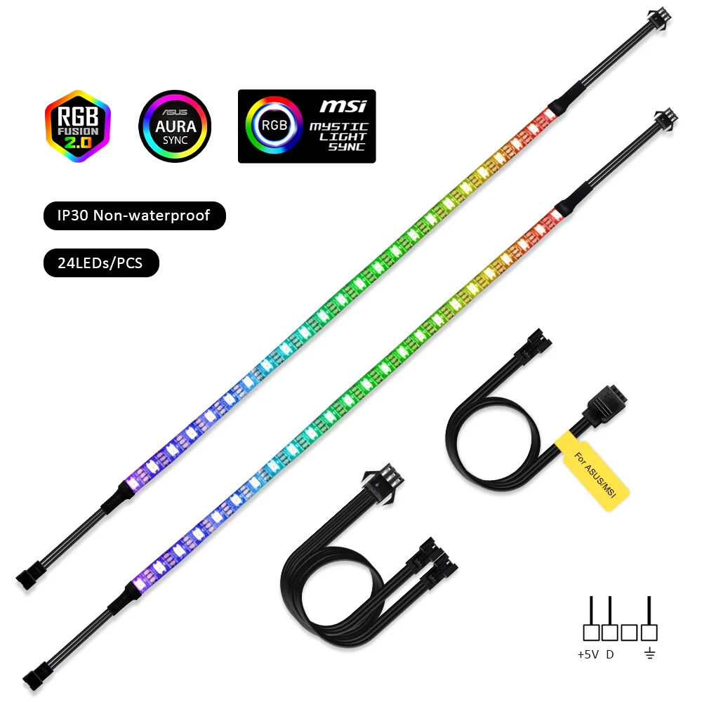 24LEDs x2PCS IP30 Адресуемая цифровая световая полоса WS2812b для ПК, MSI Mystic Light SYNC, ASUS Aura SYNC RGB 3 pin 5V добавить заголовок на материнской плате - Испускаемый цвет: 24LEDs x2PCS IP30