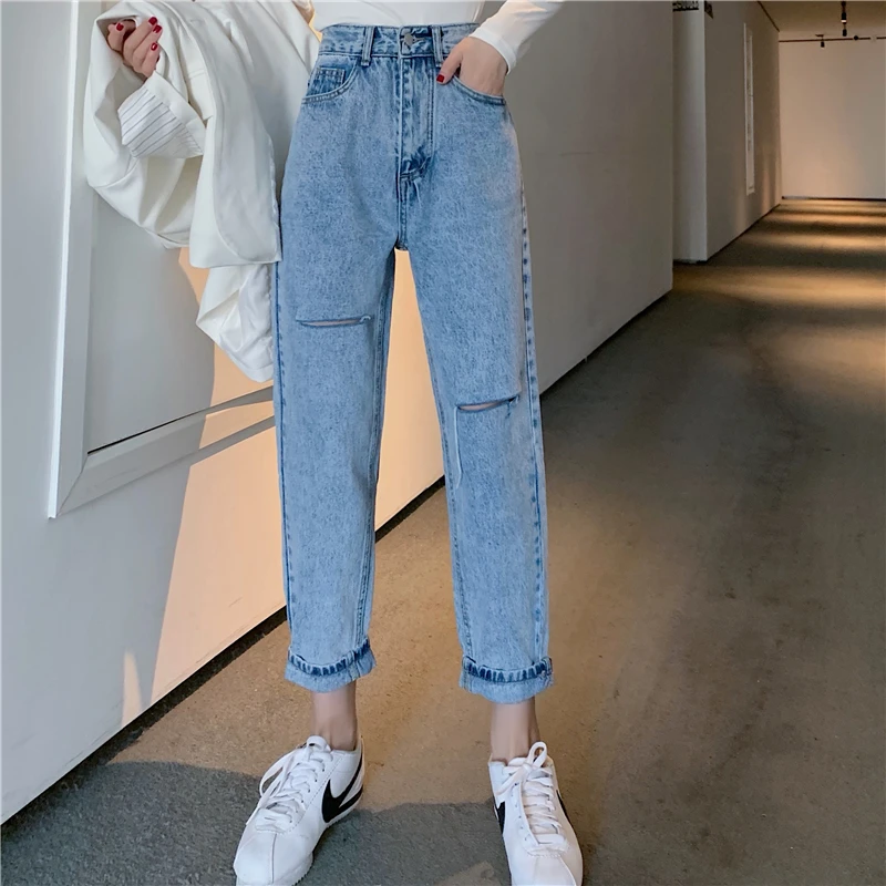 Blue Корейские новые женские рваные джинсы Харадзюку с высокой талией для женщин размера плюс, свободные Модные Повседневные джинсы с карманами, женские джинсовые джинсы - Цвет: Blue