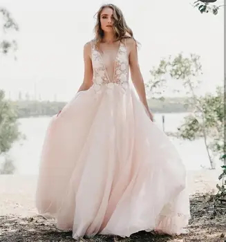 

2020 Wedding Dress Blush Pink Lace Appliques Deep V-Neck Tulle Bridal Gowns A-Line Floor Length Sleeveless Women Custom Made