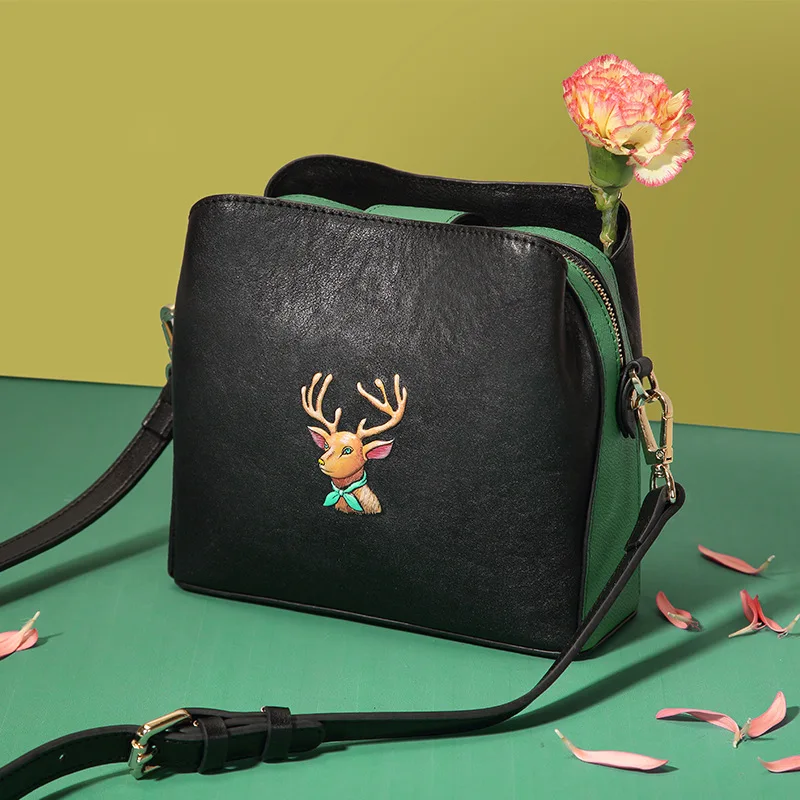 Женские сумки Маленькая кожаная ручная роспись сумка-ведро с головой оленя новая