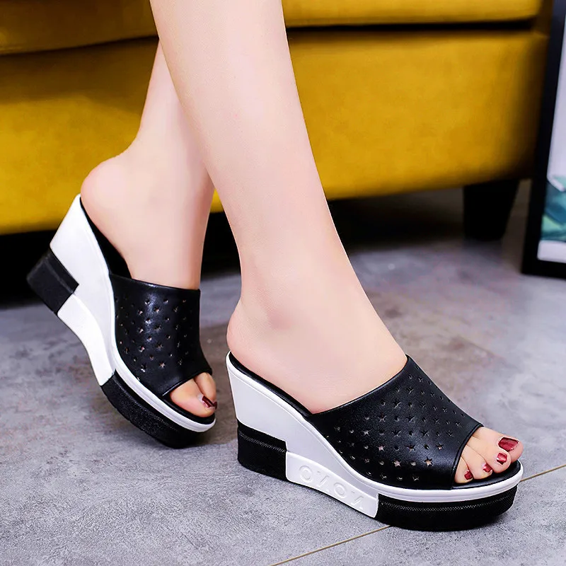 

High Heel Slippers Female Summer Outer Wear Sandals 2019 New Style Korean-style Versitile Fashion Slanted Heel Thick Bottomed Wa