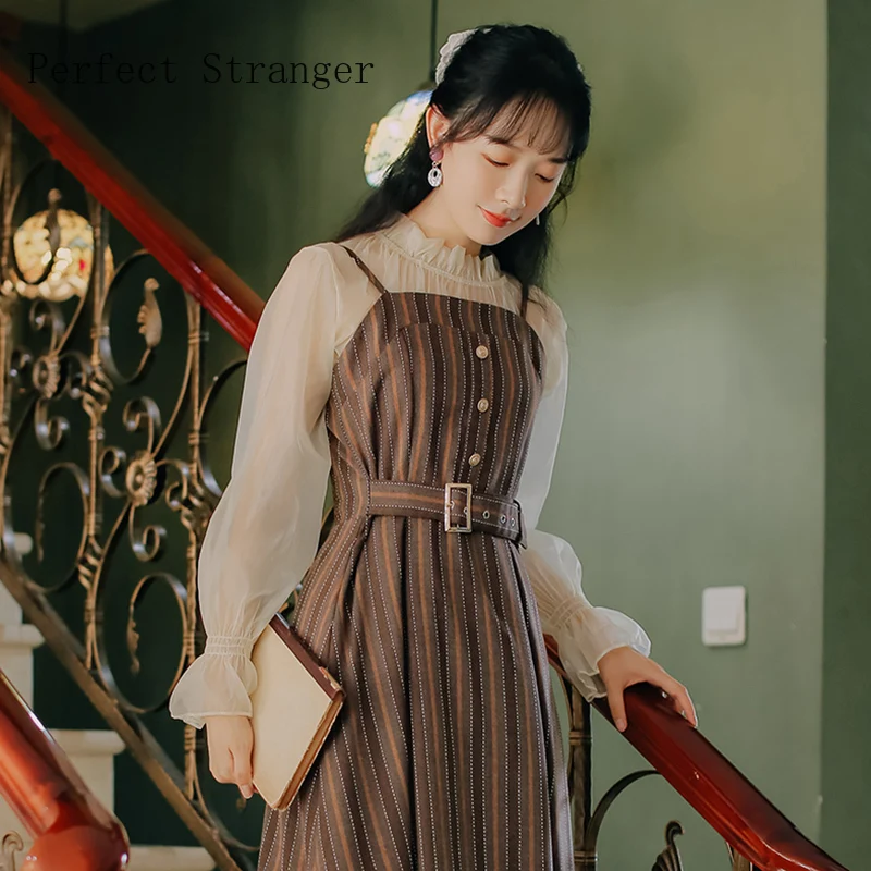 High Quality Retro 2020 Autumn New Arrival Two Pieces Stand Blouse +Brace Long Dress
