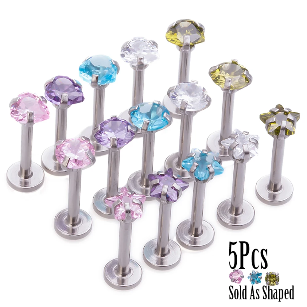 

5pcs/lot Cubic Zirconia Labret Lip Monroe Studs Women Surgical Steel Internally Threaded Tragus Helix Ear Piercing Earring 16G