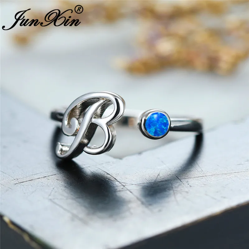 Blue Opal Ring Милые Буквы B Открытый регулируемый синий огненный опал кольца для женщин 925 Круглый серебряного цвета Радуга Камень свадебное тонкое кольцо Леди ювелирные изделия - Цвет основного камня: Blue Opal Ring