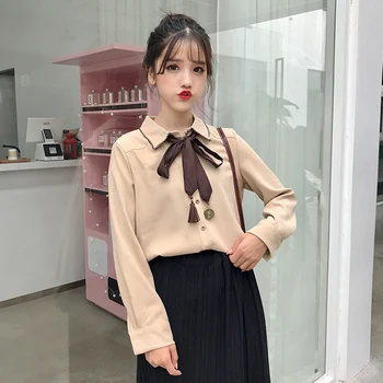 

COIGARSAM Fashion Full Sleeve Shirt Womens tops Spring Cute Solid Bow Straight Upset Belt Women shirts Apricot 3095