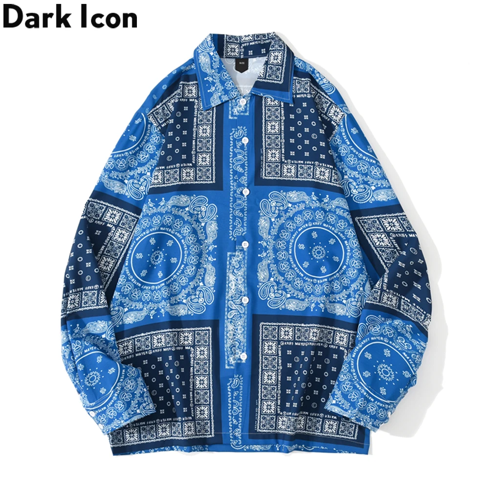 Dark Icon Blue Bandana Shirt Men Turndown Collar Street Men's Shirt