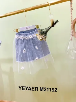

Girls denim skirt summer 2020 new children's mesh splicing fake two-piece denim skirt