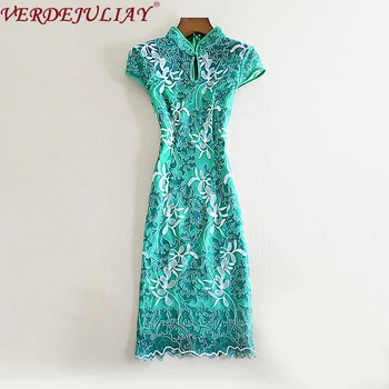 

VERDEJULIAY Vintage Super Short Sleeve Chinese Dress XXXL Cheongsam 2020 Spring Luxury Floral Embroidery Slim Fit Mini Dress