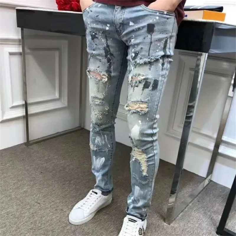 

2019 New arrived Men's Painter Distressed Hollow Out Pants Flares Patches Blue Denim Skinny Jeans Slim Trousers Size 28-42