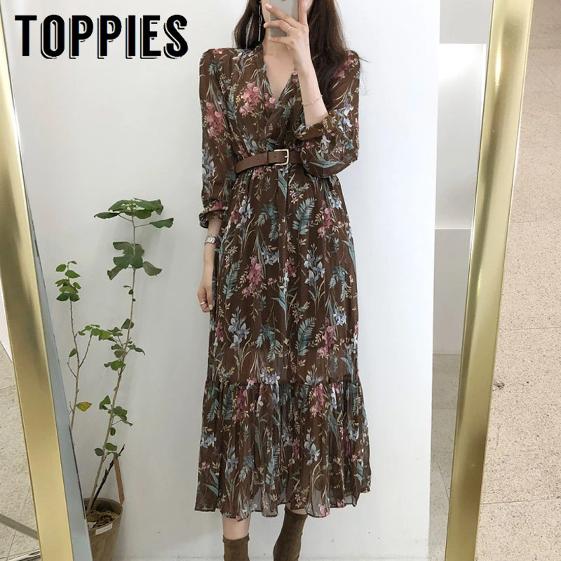 Baratos Vestido de chifón de estilo coreano de alta calidad con dobladillo plisado de manga larga Maxi vestido con estampado de flores elegante para mujer ropa de fiesta