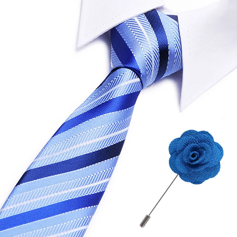 

Fashion 7.5cm Necktie Classic Men's White Blue Striped Wedding Ties Jacquard Woven 100% Silk Men Tie Neck Ties with Flower Pin