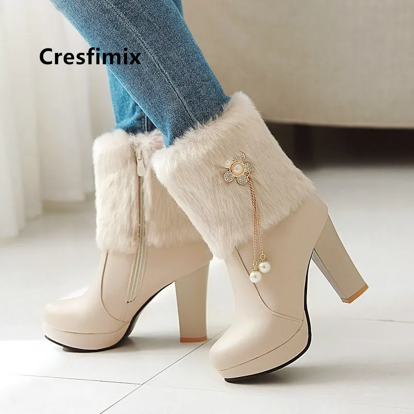 Cresfimix/botas de mujer; женские модные теплые зимние сапоги из искусственной кожи белого цвета на меху; женские повседневные удобные черные сапоги на высоком каблуке; a6076