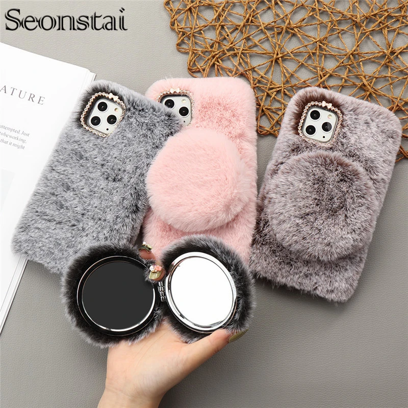 Cute Plush Warm Fur Mirror Phone Case For Iphone 11 Pro X Xs Max Xr 6 S 6s 7 8 Plus Rabbit Furrt Back Stand Cover For Girl Woman Phone Case Covers Aliexpress
