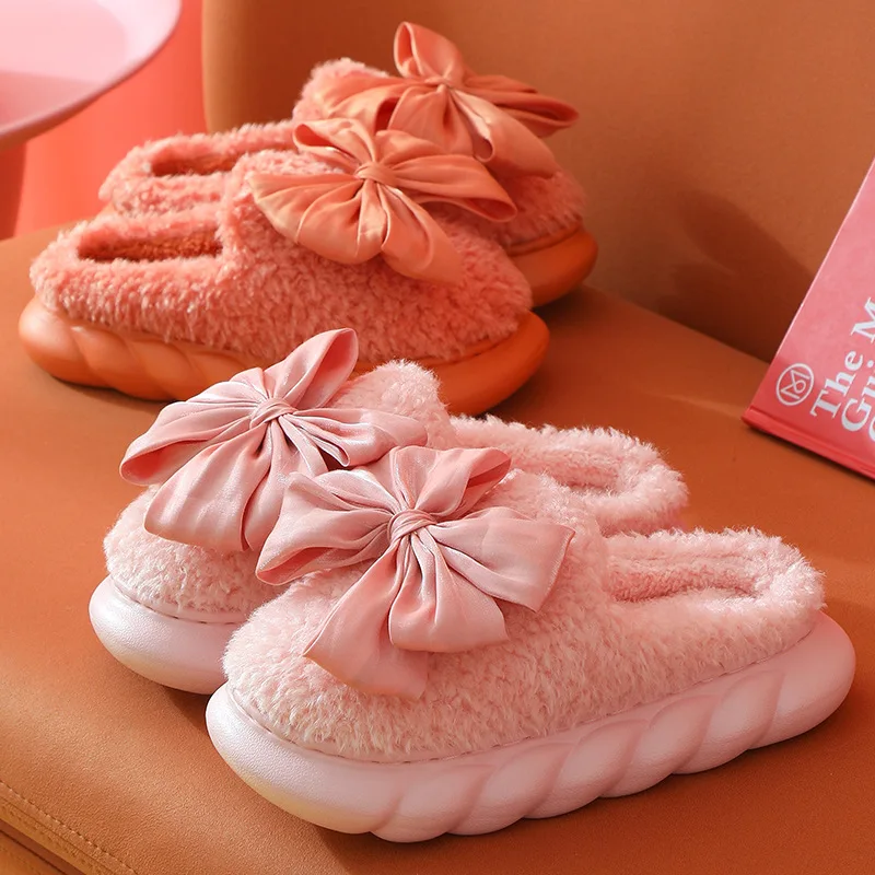 Winter Women Home Furry Slippers Hairy Warm Short Plush Platform Pink Shoes Cute Bowknot Cotton