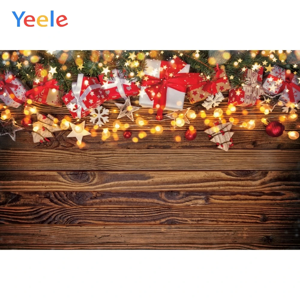 

Christmas Backdrop Vintage Wood Board Wooden Pine Tree Branch Light Gift Baby Background Photography Backdrops Vinyl Photophone