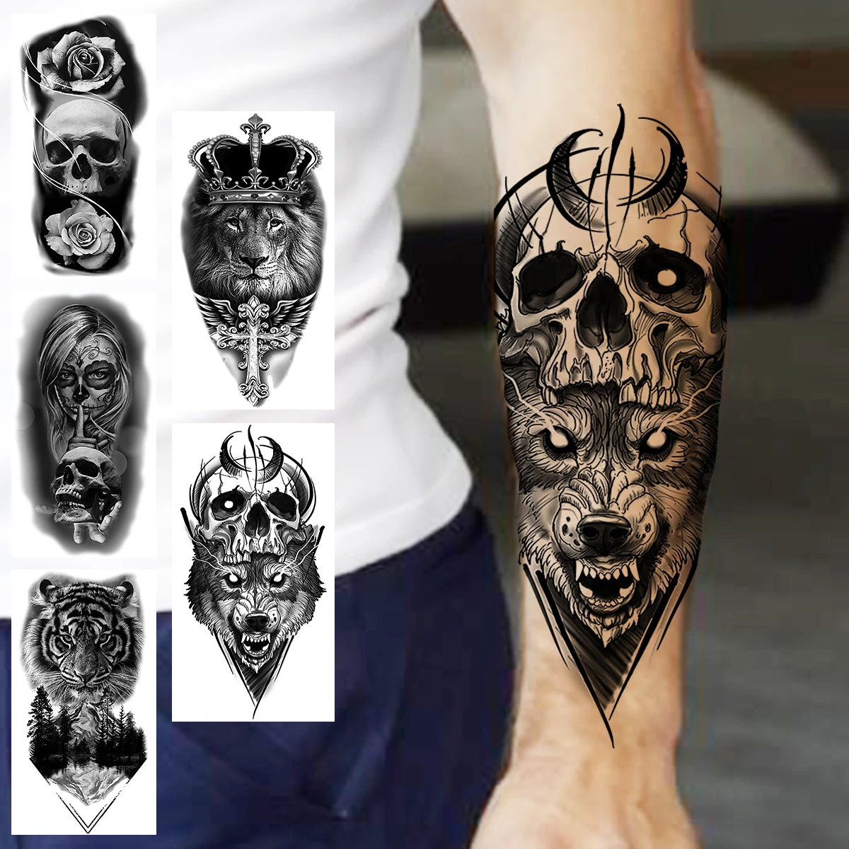 Tatouage Loup Avant Bras Homme Faux tatouages temporaires effrayants, loup noir, pour hommes adultes,  Vampire réaliste, forêt de tigre, fleur de Rose, autocollant pour avant bras  | AliExpress