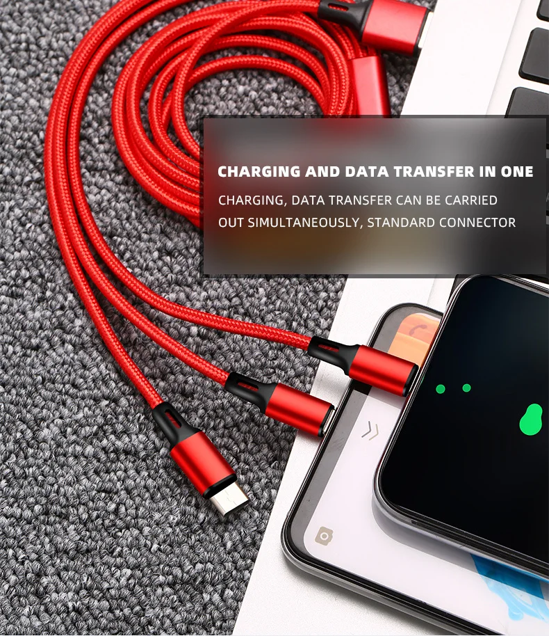 for iPhone 11 8 6S 7Plus micro Type c 5A fast charging cable 3 in 1 for redmi Note7 for Samsung s10/9 note9/huawei P30/Honor 20