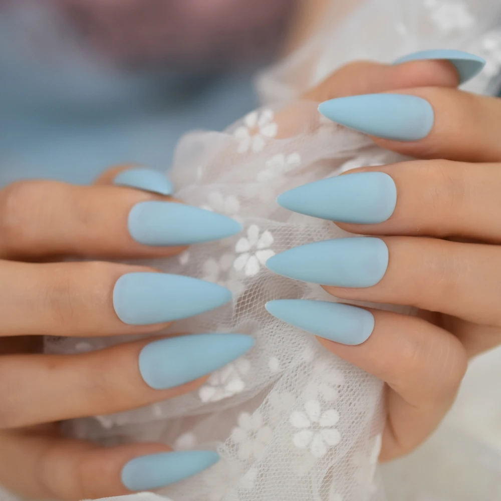 Matte Baby Blue Stiletto False Nail Frosted Press On Ballet Fake Nails Tips Reusable Wear Party Nail Tips Faux Ongle 24pcs Set False Nails Aliexpress