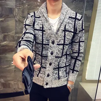 

Fashion Loose Fall Sweater Men Cardigan Knitted Casual Plaid Male Tops Single Breasted Long Sleeve Winter Coat Men