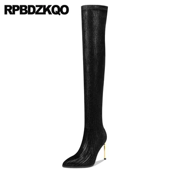 

stiletto long high heel suede slim thigh women boots crotch black handmade tall pointed toe over the knee metal sheepskin shoes