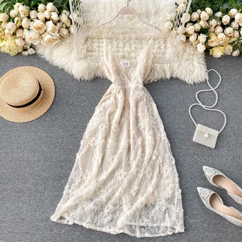 

Chic Sexy Deep V Collar High Waist Slim Sweet Lace Dress Women Sleeveless Solid Color Elegant Vestidos De Fiesta