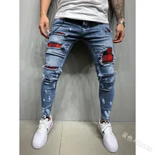 Pantalones vaqueros elásticos rasgados para hombre, Jeans ajustados con estampado bordado de motorista, con agujeros desgastados, de alta calidad