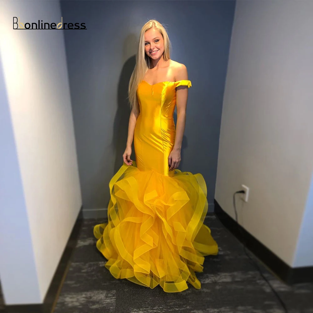 Bbonlinedress Новое желтое атласное выпускное платье русалки с открытыми плечами длинное платье для выпускного вечера es длина до пола официальное платье vestidos