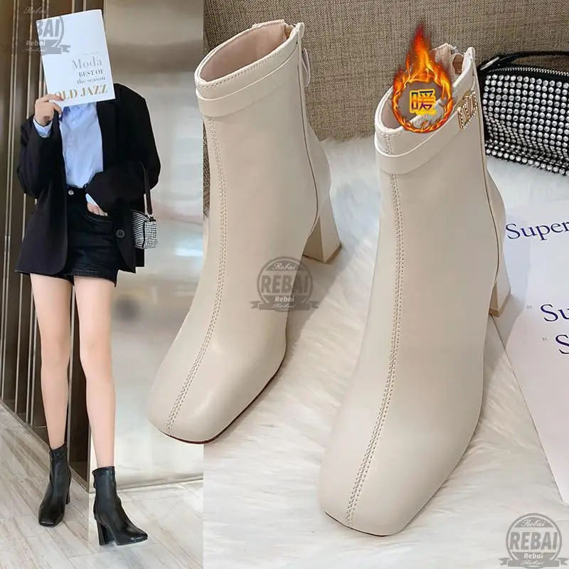 Pointed Toe PU Warm Ankle Boots for Women Fashion Short Shoes Autumn Rubber Thin Heels Pumps High | Обувь