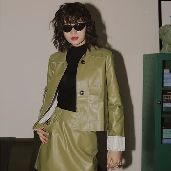 

Women New High Street Fashion Slim Short Leather Jacket Outerwear Coat Female Streetwear Punk Faux Leahter Biker Crop Jacket