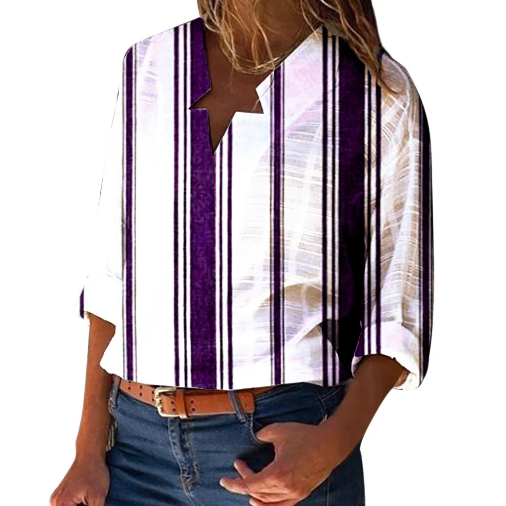 JAYCOSIN Comfortable Casual Long Sleeved Shirt 2019 New Fashion Striped Sleeve Autumn Loose V Neck Womens |