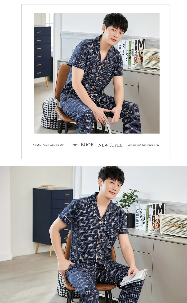 Fashion Summer Men Pajamas Home Clothing Short Sleeve Long Pants Pyjamas Sleepwear Male Cotton Knited Sleep Lounge M-4XL Size best mens pajamas