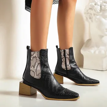 

OLOMLB Womens Round Toe Crocodile Snake Pattern Ankle Boots Square Heel Match Colors Shoes 3Colors Warm Winter Plus Size 34-46