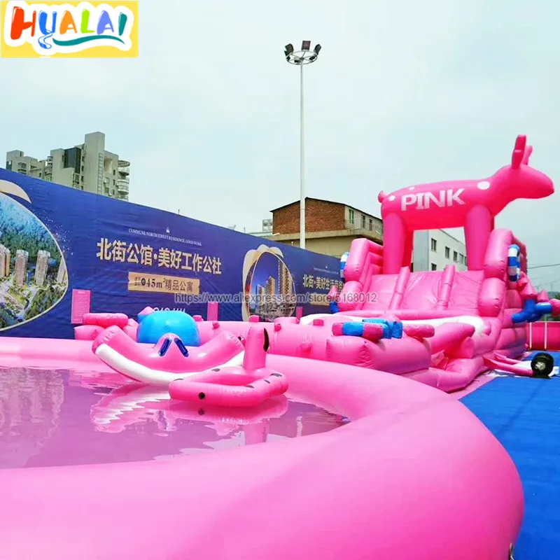 Открытый Гигантский Надувной розовый водная горка с бассейном аквапарк горка городской батут замок надувной для детей/взрослый из ПВХ 24X5 м