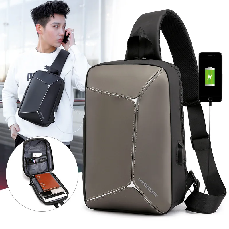 

HUGWISER USB Reflective Chest Bag Multifunctional Business Waterproof Shoulder Bag Convenient Outdoor Men Diagonal Bag Solid