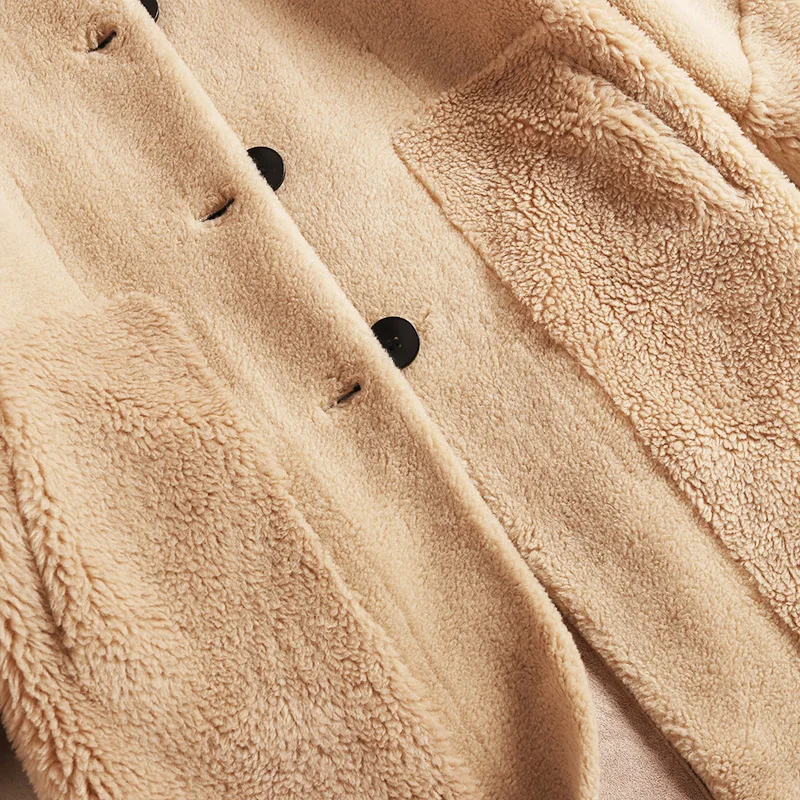 Женское зимнее пальто из искусственного меха с отложным воротником, однобортное пальто из замши внутри, новинка, теплая верхняя одежда бежевого цвета