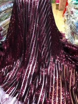 

2020 New Design 5Yards African Handcut Organza Lace Fabric African Voile Lace With Allover Sequins High Quality Wine Red Gold