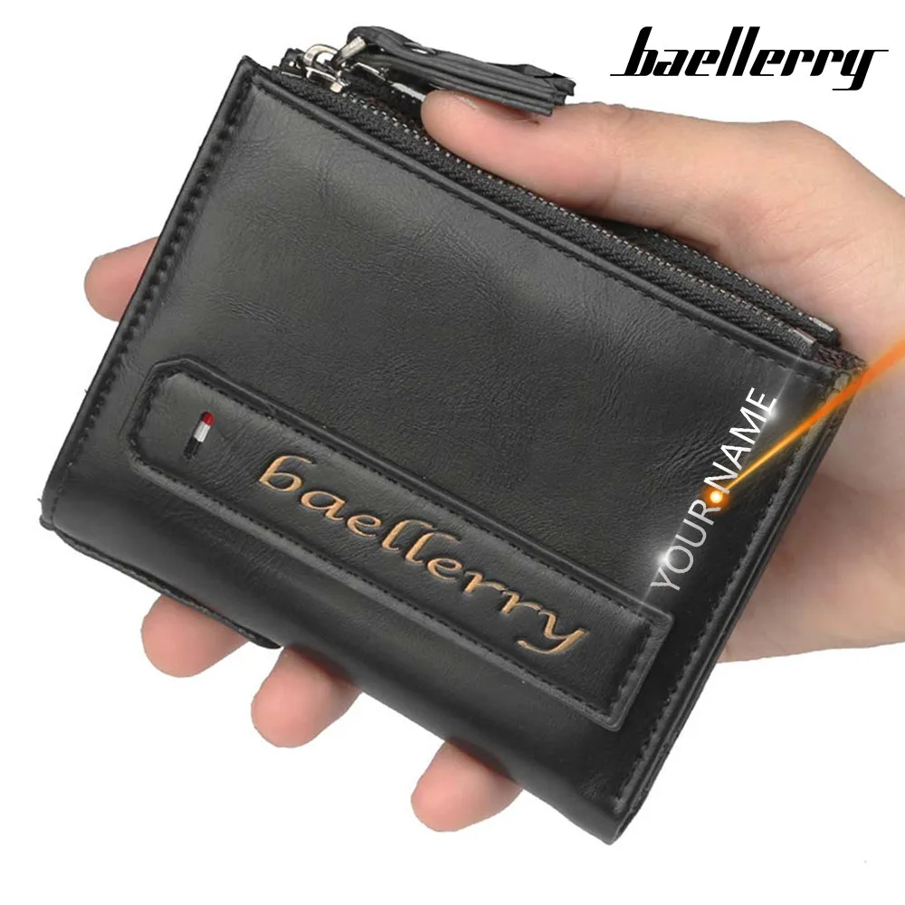 

2020 Men Wallets Name Engraving Card Holder Short Desigh Double Zipper Men Purse Solid Coin Pocket High Quality Male Purse