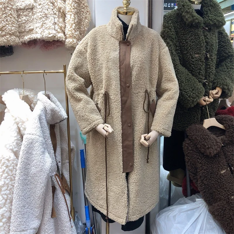 Осень-зима Высокий воротник свободные длинные Lambhair пальто со шнуровкой сапоги с мехом; большие размеры-вещи в комплекте для женщин размера плюс Для женщин зимнее пальто