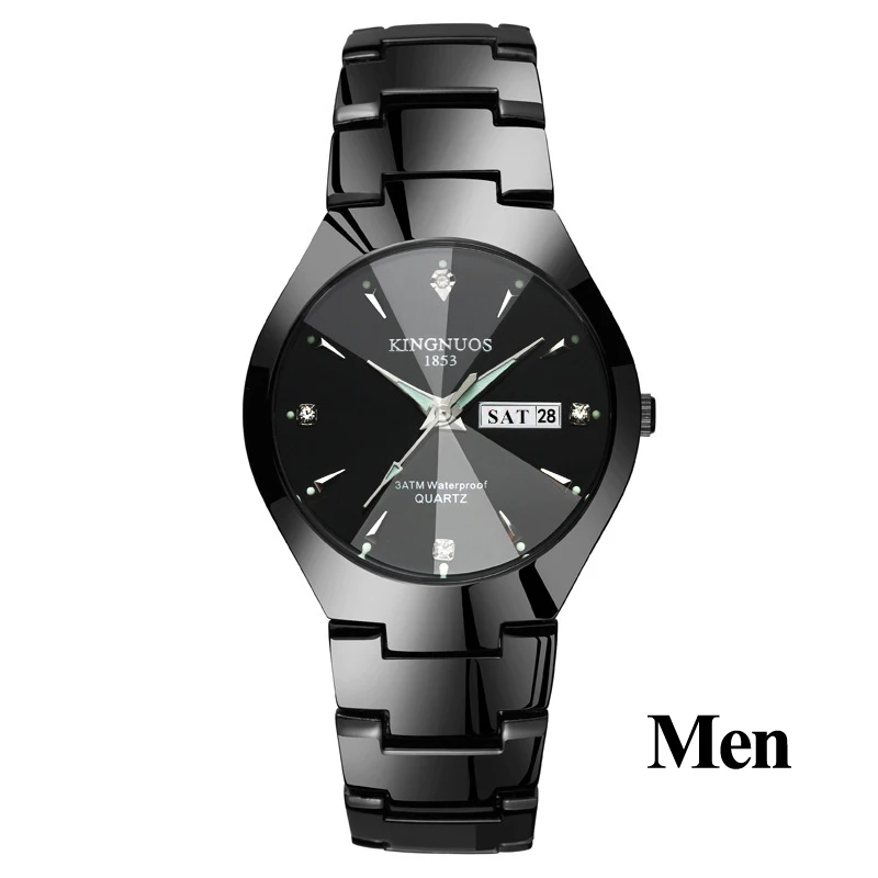 Men Black Black Часы для влюбленных Роскошные Кварцевые наручные часы для мужчин и женщин Hodinky Dual Calender Week steel Saat Reloj Mujer Hombre парные часы - Цвет: Men Black Black