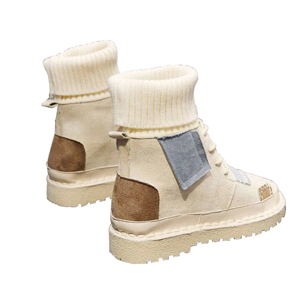 

Women Boots Hot Sale Fashion Patchwork Knitted Ankle Boots Outdoor Casual Lace Up Warm Fuzzy Women Girls High Top Sneakers