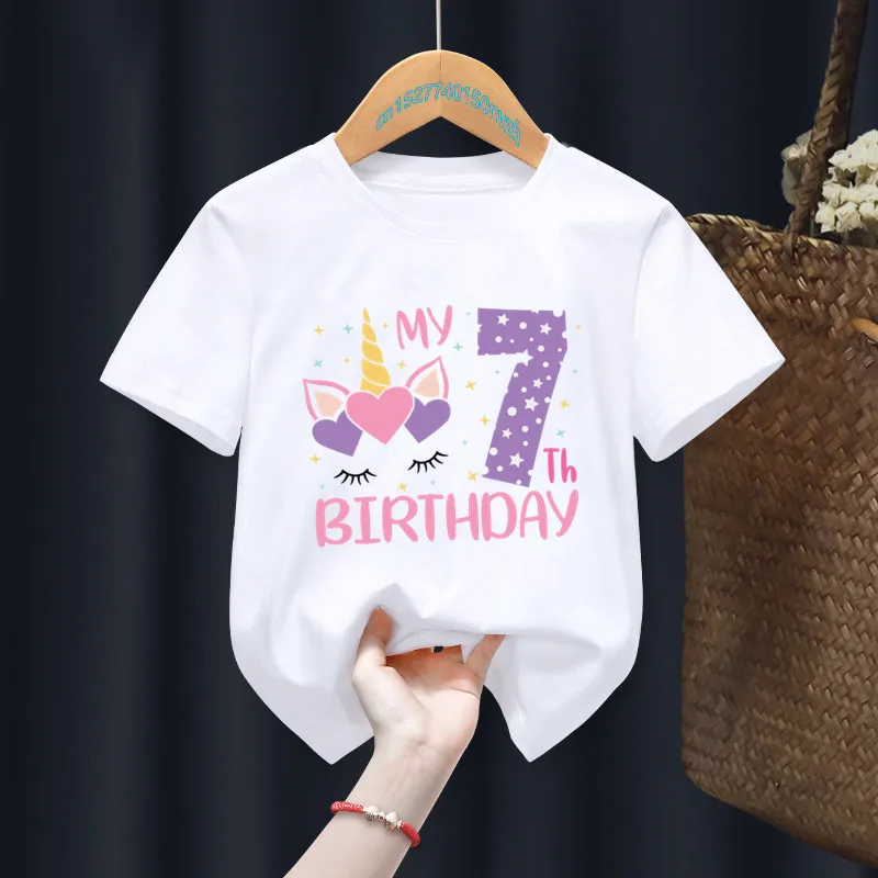 Birthday Gift Present Clothes Children Unicorn Girl My 1-8th Number Fixed printing T-shirt Baby Letter Tops Tee,children t shirt
