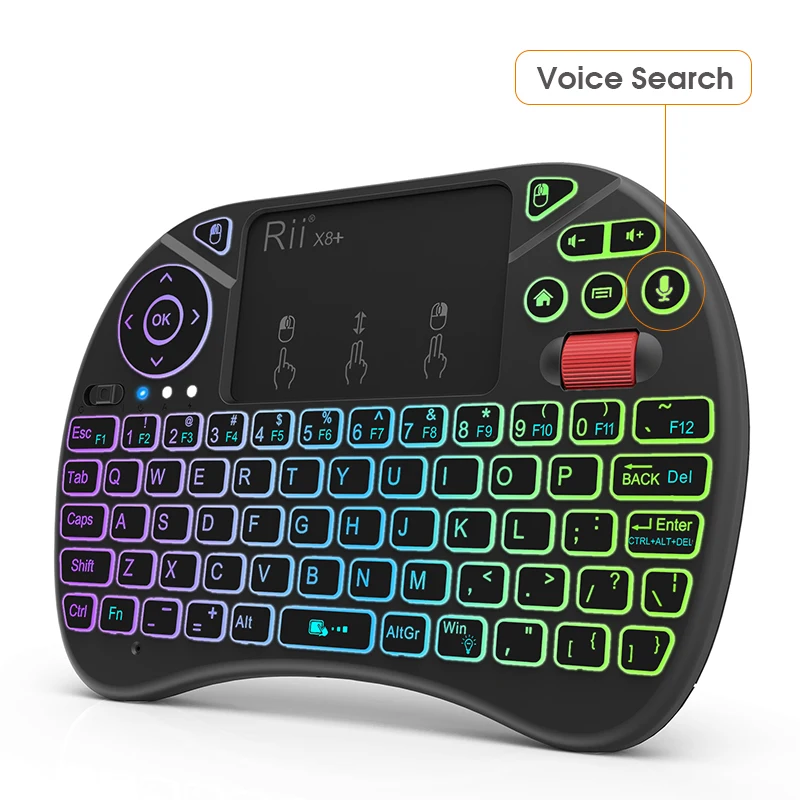 Rii X8 + I8 + 2,4G Mini teclado inalámbrico con panel táctil búsqueda por voz retroiluminado con LED batería de ion de litio recargable para Android TV box PC