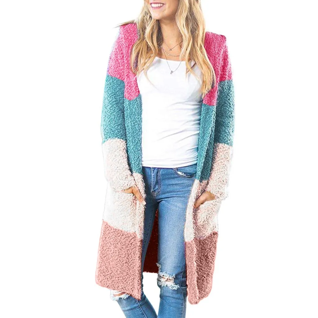 Jaycosin Fashion Autmn Winter Women Casual Splice Knitted Cardigan Sweater Long Sleeve Comfortable Soft Leisure Pullover 21#4