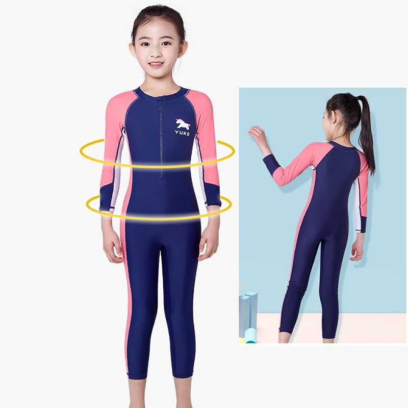 YUKE UPF 50+ Rash Guard Gilrs Boys Long Sleeve One Piece Swimsuit for kids Teen Children Beach Surf Swimming Suit Quick dry Warm