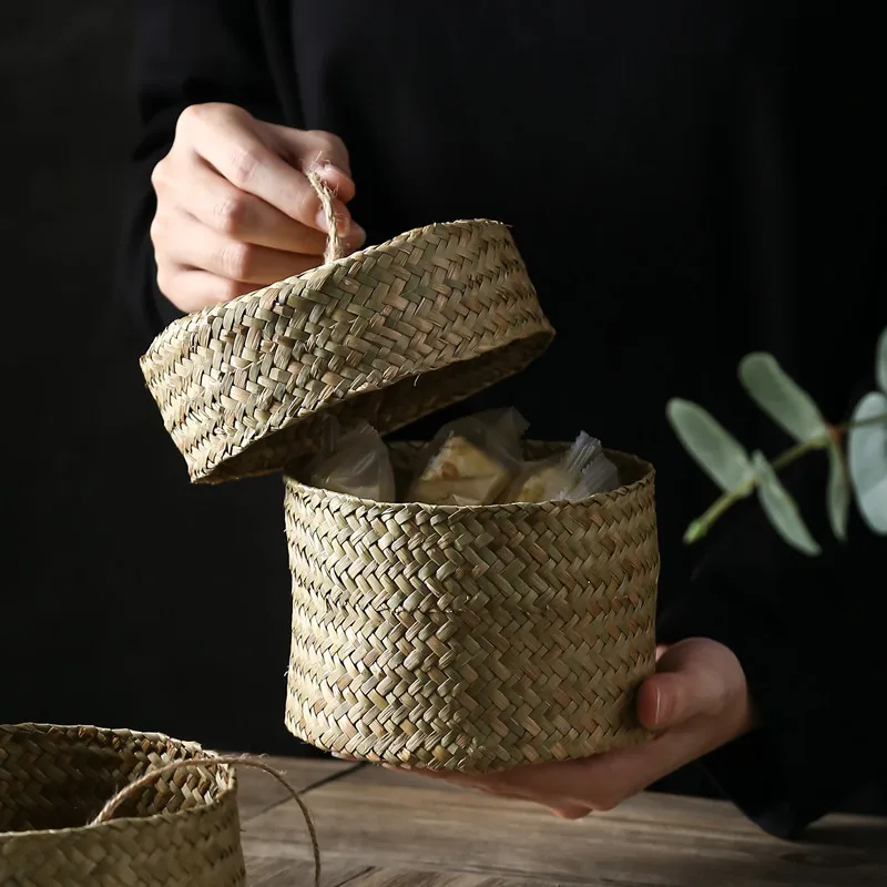 Handmade Storage Basket Cachepot For Flowers Weaving Woven Rattan Storage Container Box Basket Natural Snack Storage Round Box 3