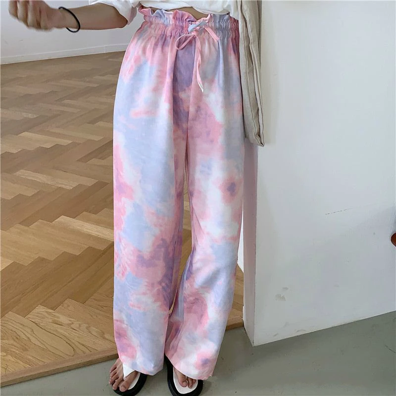 

Thin loose and thin tie dyed wide leg pants for women's high waist and vertical feeling straight pants floor pants summer casual