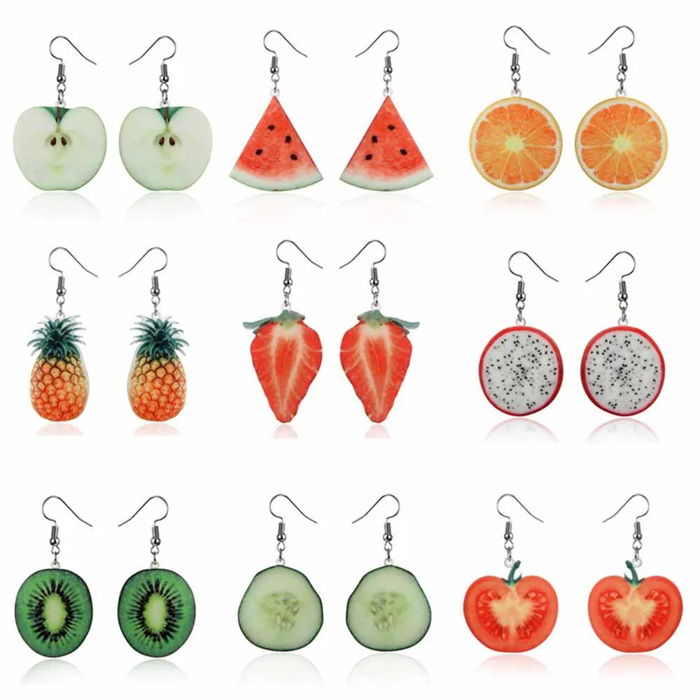 

Acrylic Cute Fruit Earrings Strawberry Pineapple Tomato Kiwi Orange Cucumber Dragon Apple Pineapple Fruit Earrings Dainty Gift