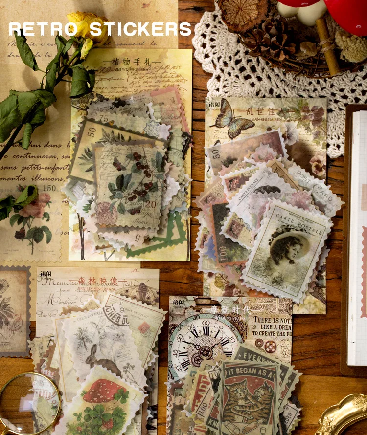 60pcs/lot Vintage Antique Washi Stickers Plant Stamp Label DIY Diary Decorative Sticker Album Scrapbooking Craft Ladies Stickers