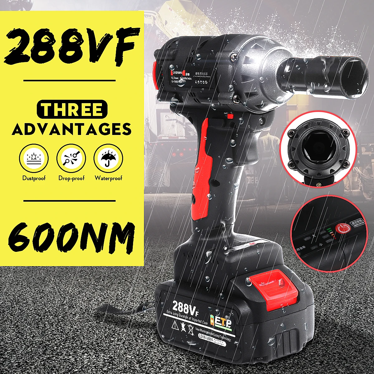  288VF 600N.M High Torque Brushless Cordless Impact Electric Wrench Li ion Battery Home Car/SUV Whee
