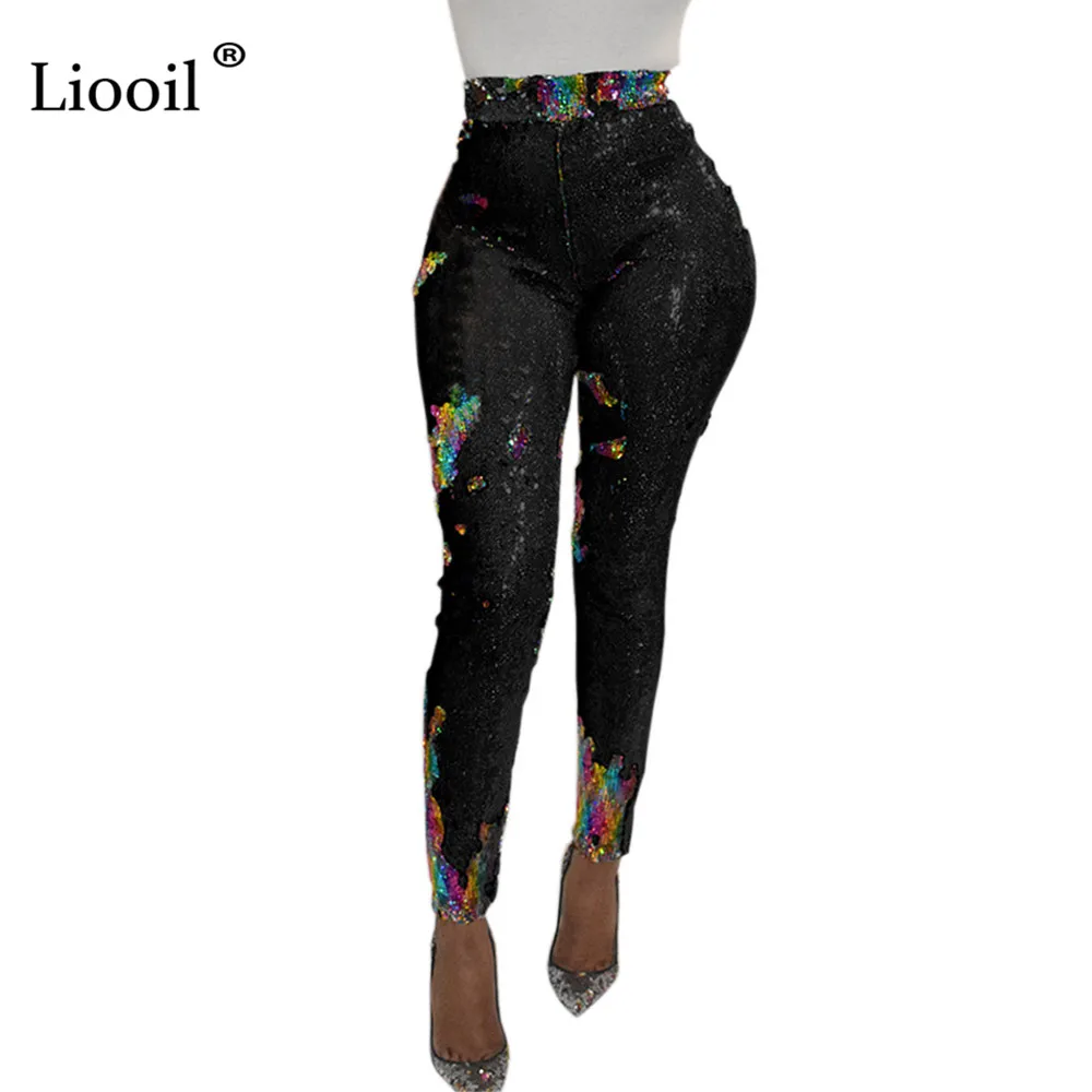 Liooil, цветные узкие брюки с блестками, женская одежда, уличная одежда, высокая талия, низ, Клубные брюки, эластичные облегающие длинные штаны